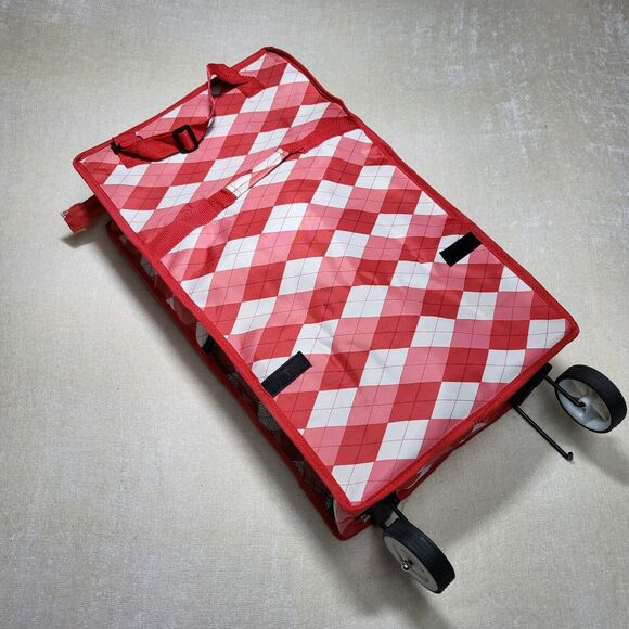 Rolling Travel Bag Collapsible Red White Argyle Print - Picture 1 of 8